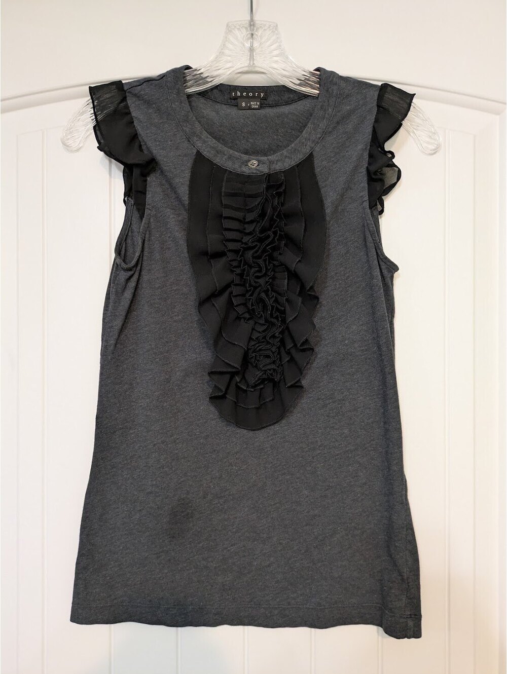 Theory Grey Blouse with Black Frill Detail – Size Small – GUC